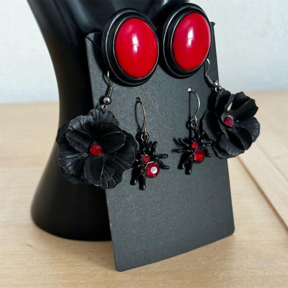 Black Widow Spider Flower Dangle Stud Earrings Set Red Gemstone Halloween Gothic - Picture 4 of 8